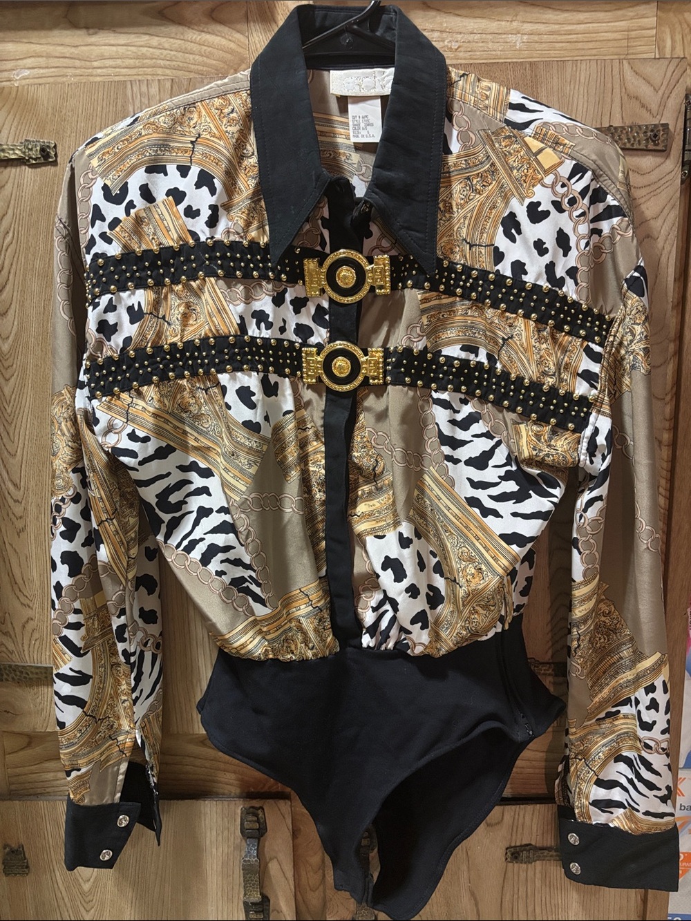 vintage Cache long-sleeve bodysuit animal print black and gold size S